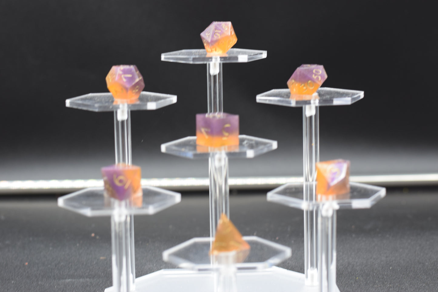 7pc Purple and Orange Sharp Edge Hand Made Dice Set