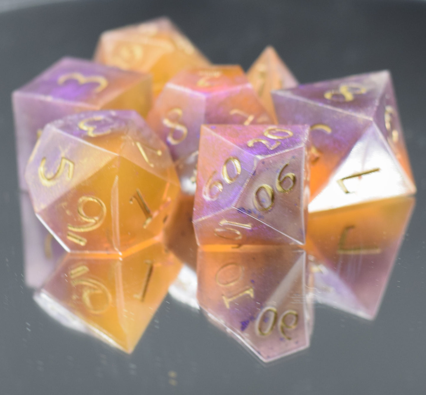 7pc Purple and Orange Sharp Edge Hand Made Dice Set