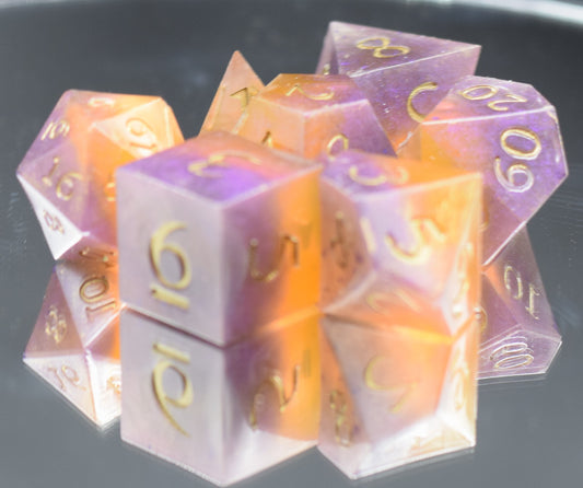 7pc Purple and Orange Sharp Edge Hand Made Dice Set