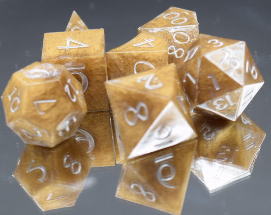 7pc Caramel and Silver Sharp Edge Hand Made Dice Set