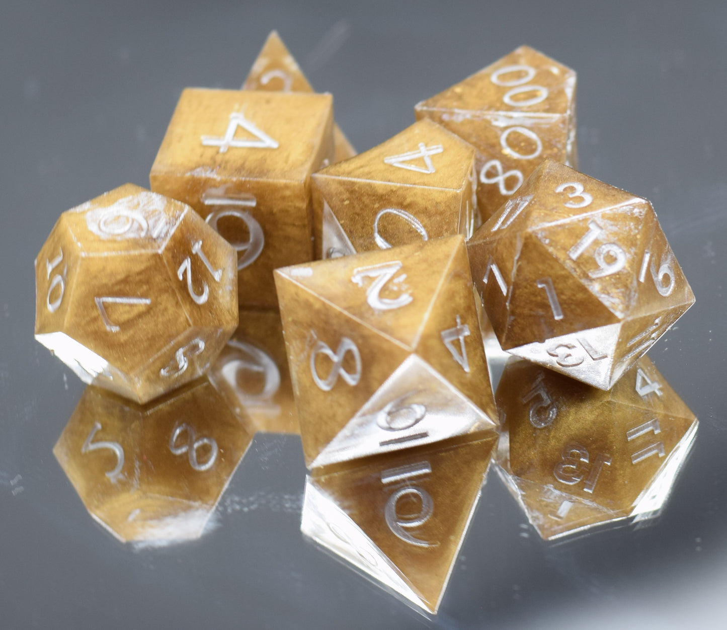 7pc Caramel and Silver Sharp Edge Hand Made Dice Set