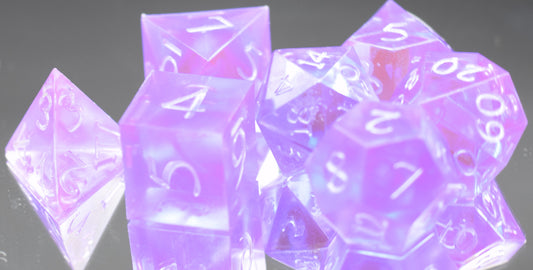 7pc Amethyst and Silver Sharp Edge Hand Made Resin Dice Set