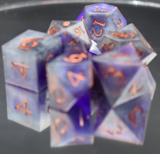 7pc Purple and Stone Sharp Edge Hand Made Dice Set