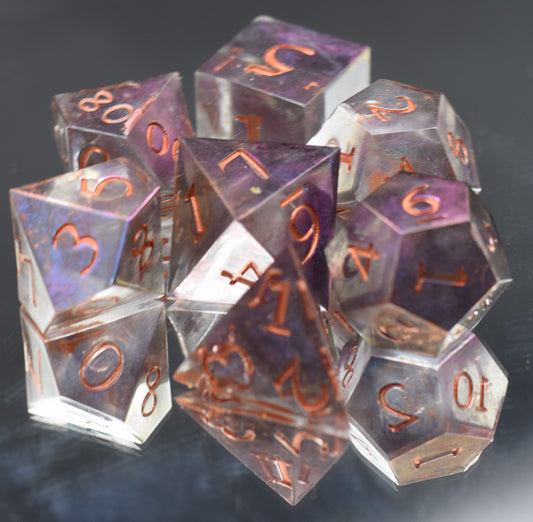 7pc Purple Colour Shift Sharp Edge Hand Made Dice Set