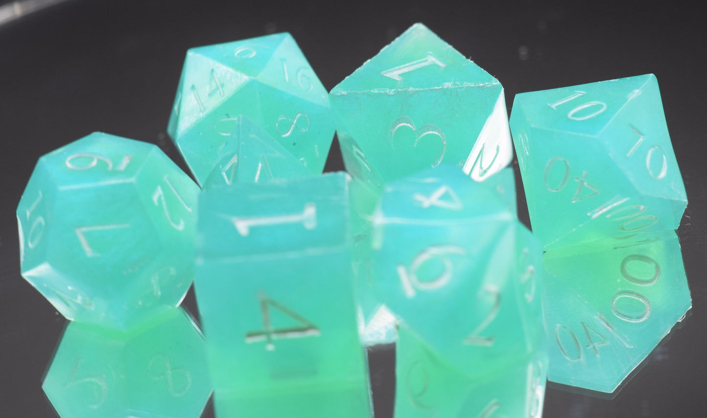 7pc Mystic Teal Sharp Edge Hand Made Dice Set