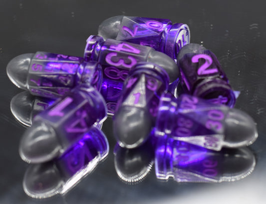 7pc Gunmetal and Purple Hand Made Bullet Dice Set