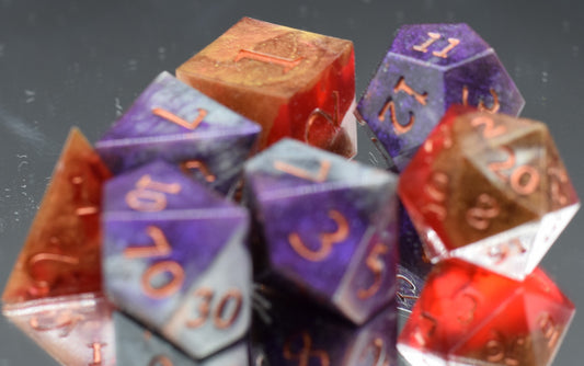 7pc Fire and Brimstone Sharp Edge Hand Made Dice Set