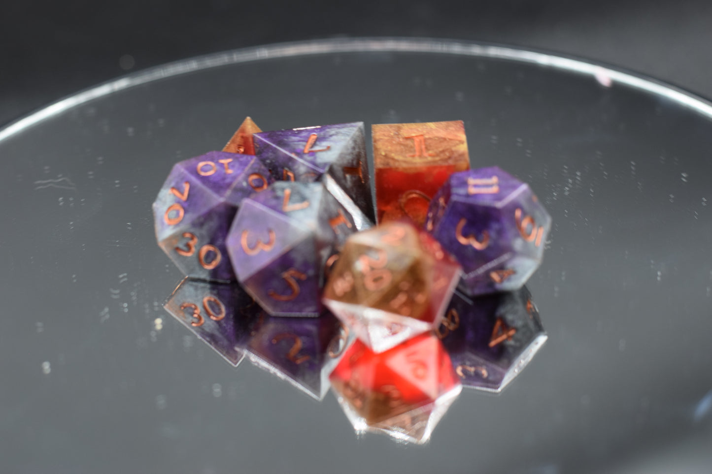 7pc Fire and Brimstone Sharp Edge Hand Made Dice Set