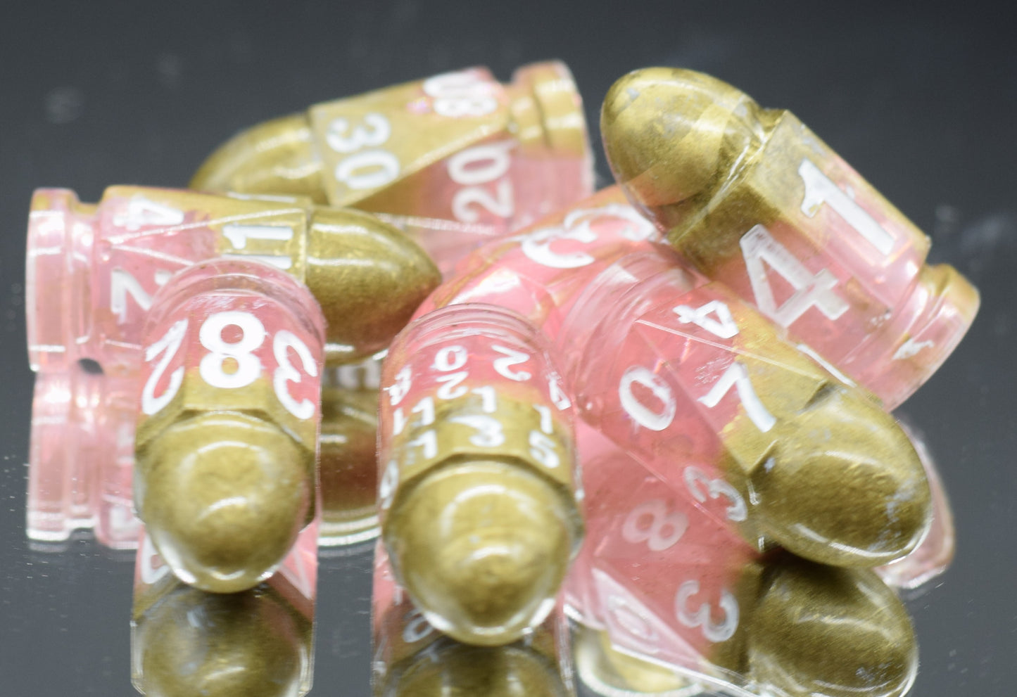 7pc Princess Pink and Gold Hand Made Bullet Dice Set