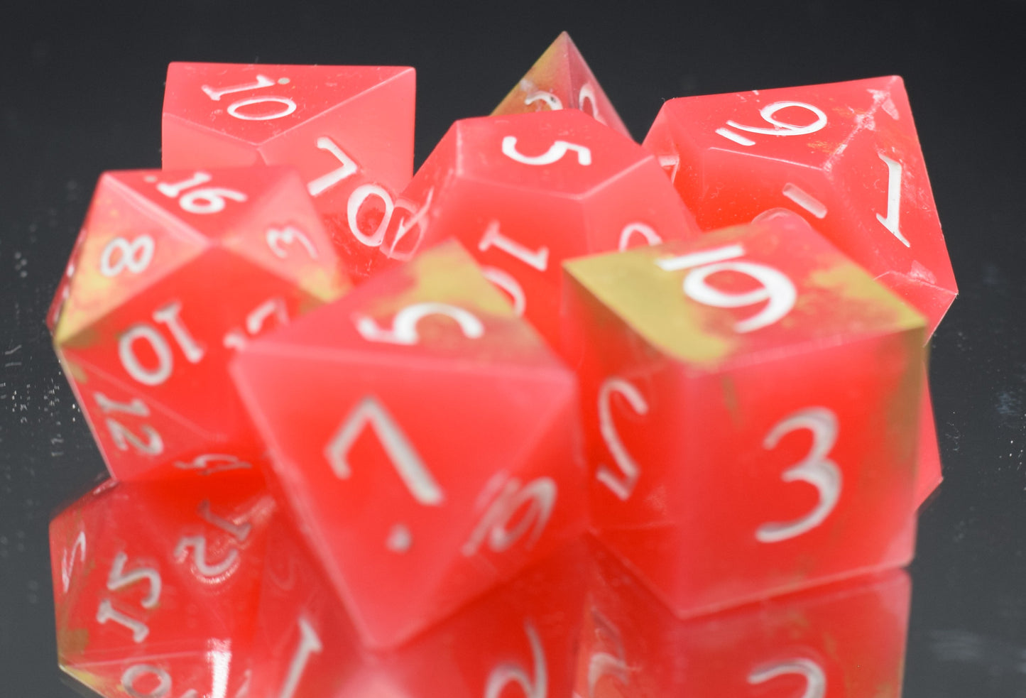 7pc Watermellon and Gold Sharp Edge Hand Made Resin Dice Set