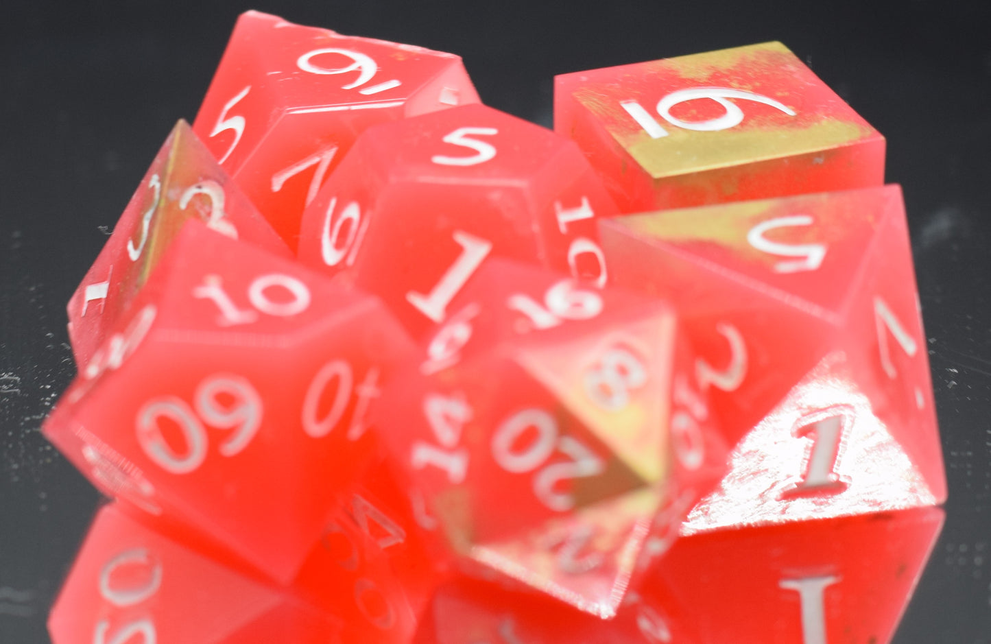 7pc Watermellon and Gold Sharp Edge Hand Made Resin Dice Set