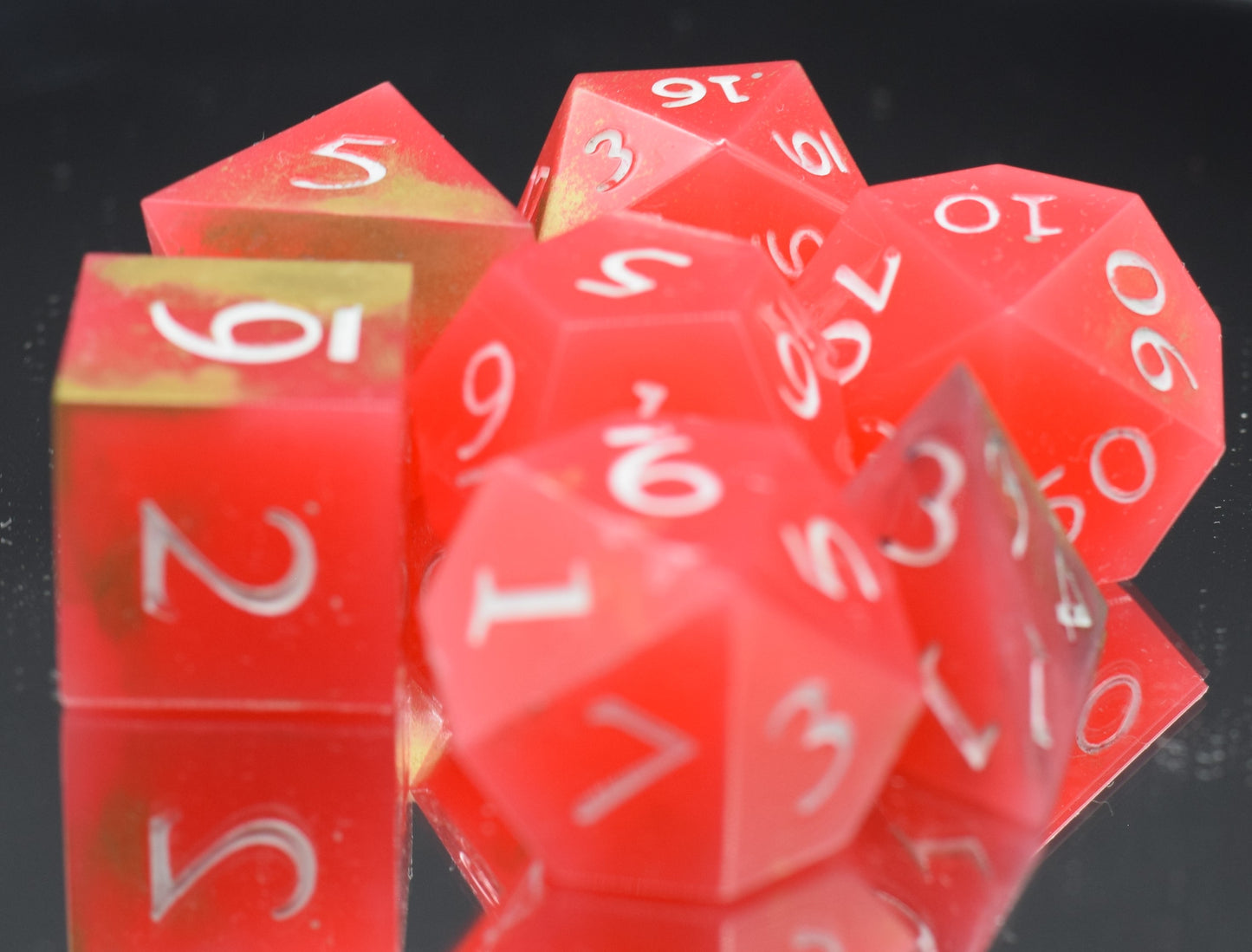 7pc Watermellon and Gold Sharp Edge Hand Made Resin Dice Set