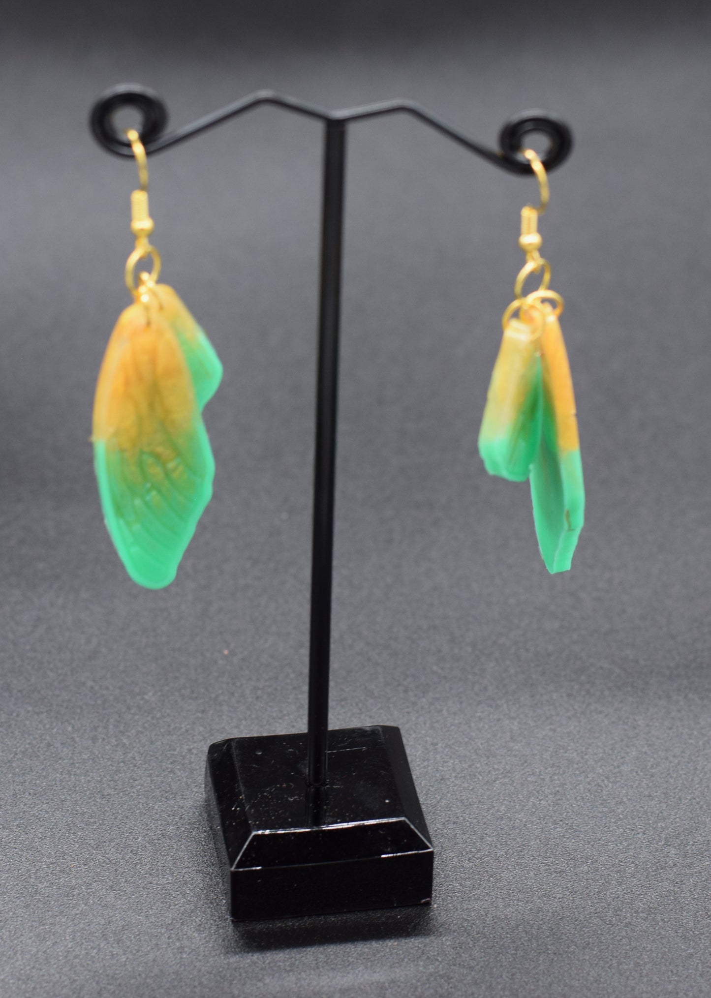 Fae Wings Resin Earrings in Green and Gold